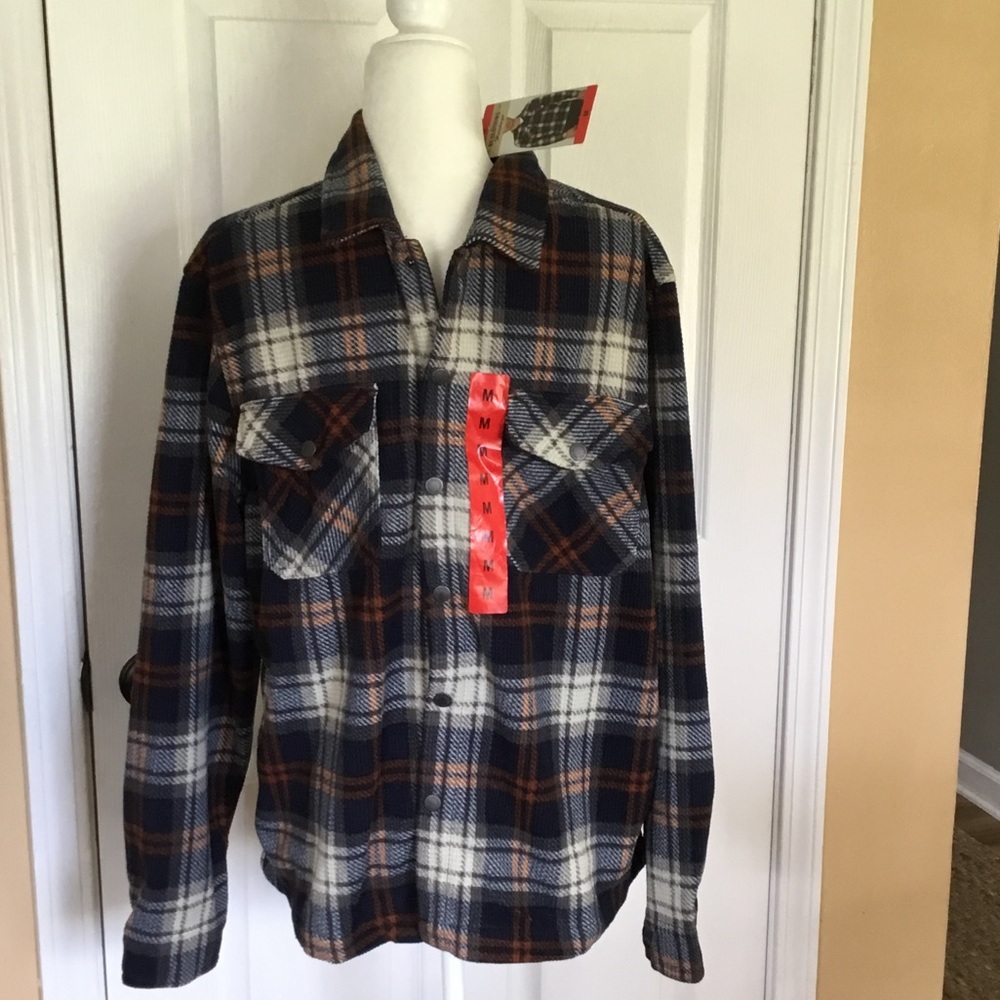 BC Clothing Size M Men's Plaid Button-Down Shirt Jacket Shacket Navy Brown Cream